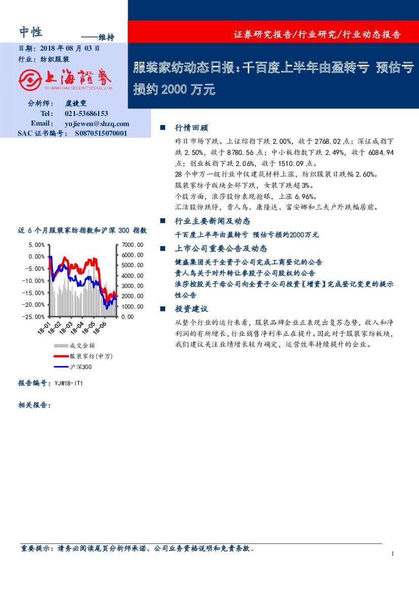 上海证券：服装家纺动态日报：千百度上半年由盈转亏 预估亏损约2000万元