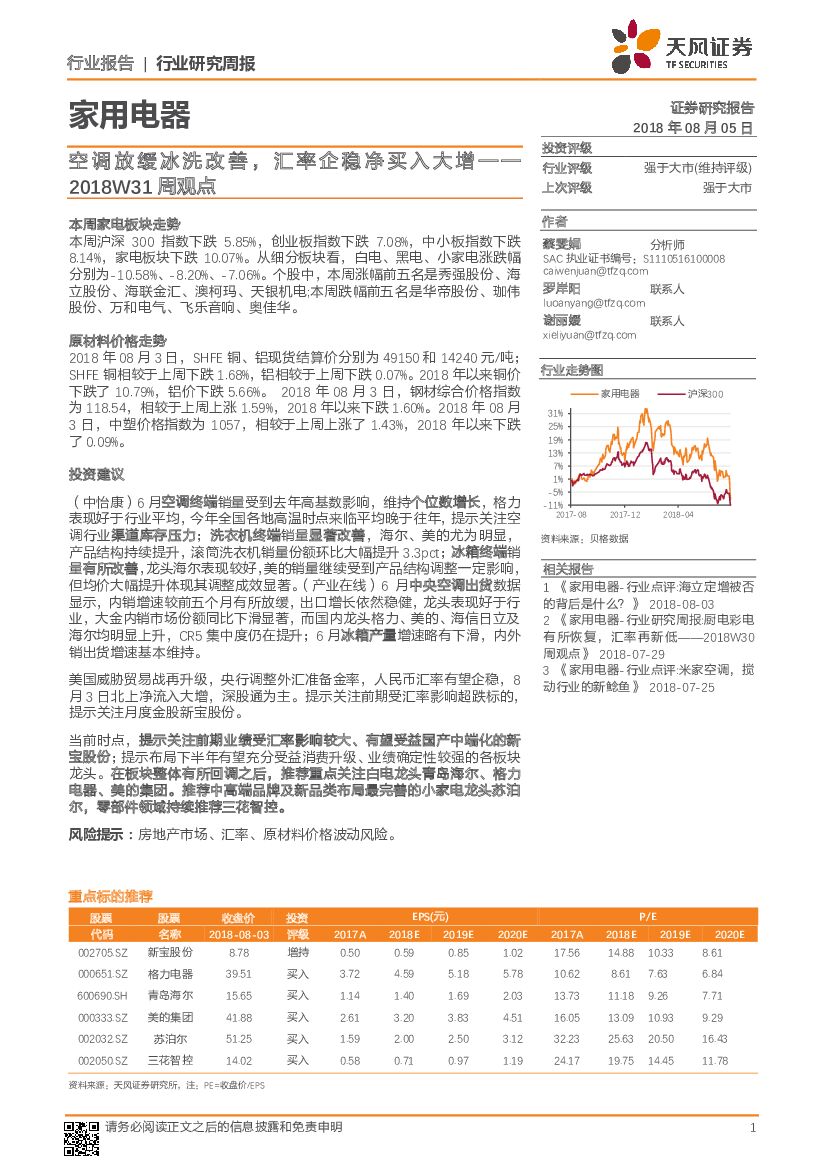 天风证券：家用电器行业研究周报：空调放缓冰洗改善，汇率企稳净买入大增——2018W31周观点