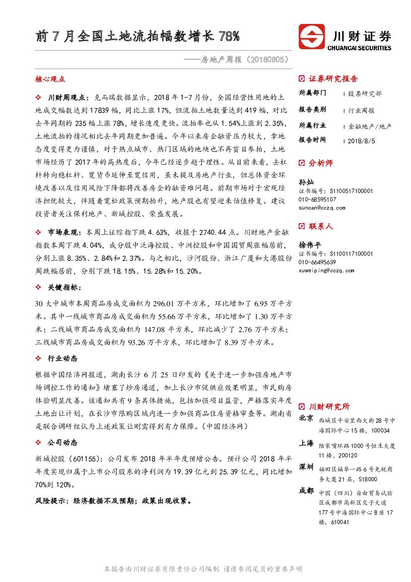 川财证券：房地产周报：前7月全国土地流拍幅数增长78%