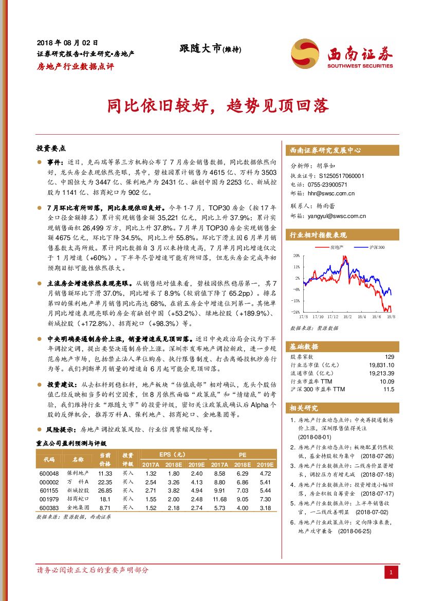 西南证券：房地产行业数据点评：同比依旧较好，趋势见顶回落
