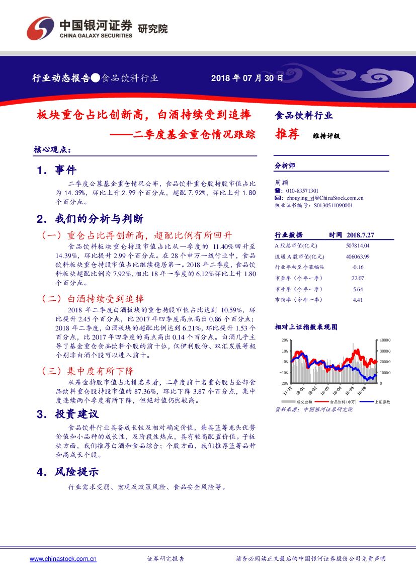 中国银河：食品饮料行业动态报告：二季度基金重仓情况跟踪-板块重仓占比创新高，白酒持续受到追捧