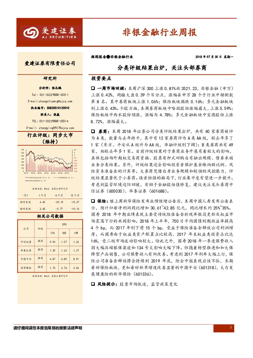 爱建证券：非银金融行业周报：分类评级结果出炉，关注头部券商