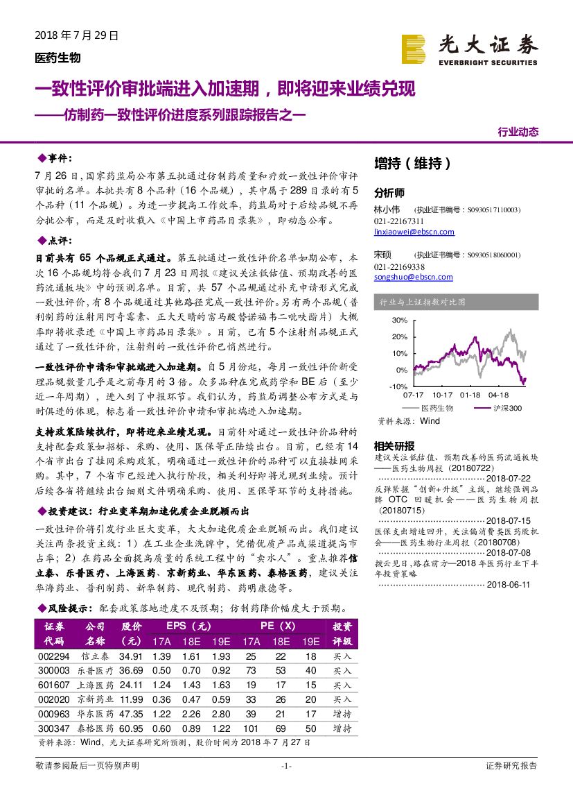 光大证券：医药生物行业动态：仿制药一致性评价进度系列跟踪报告之一-一致性评价审批端进入加速期，即将迎来业绩兑现