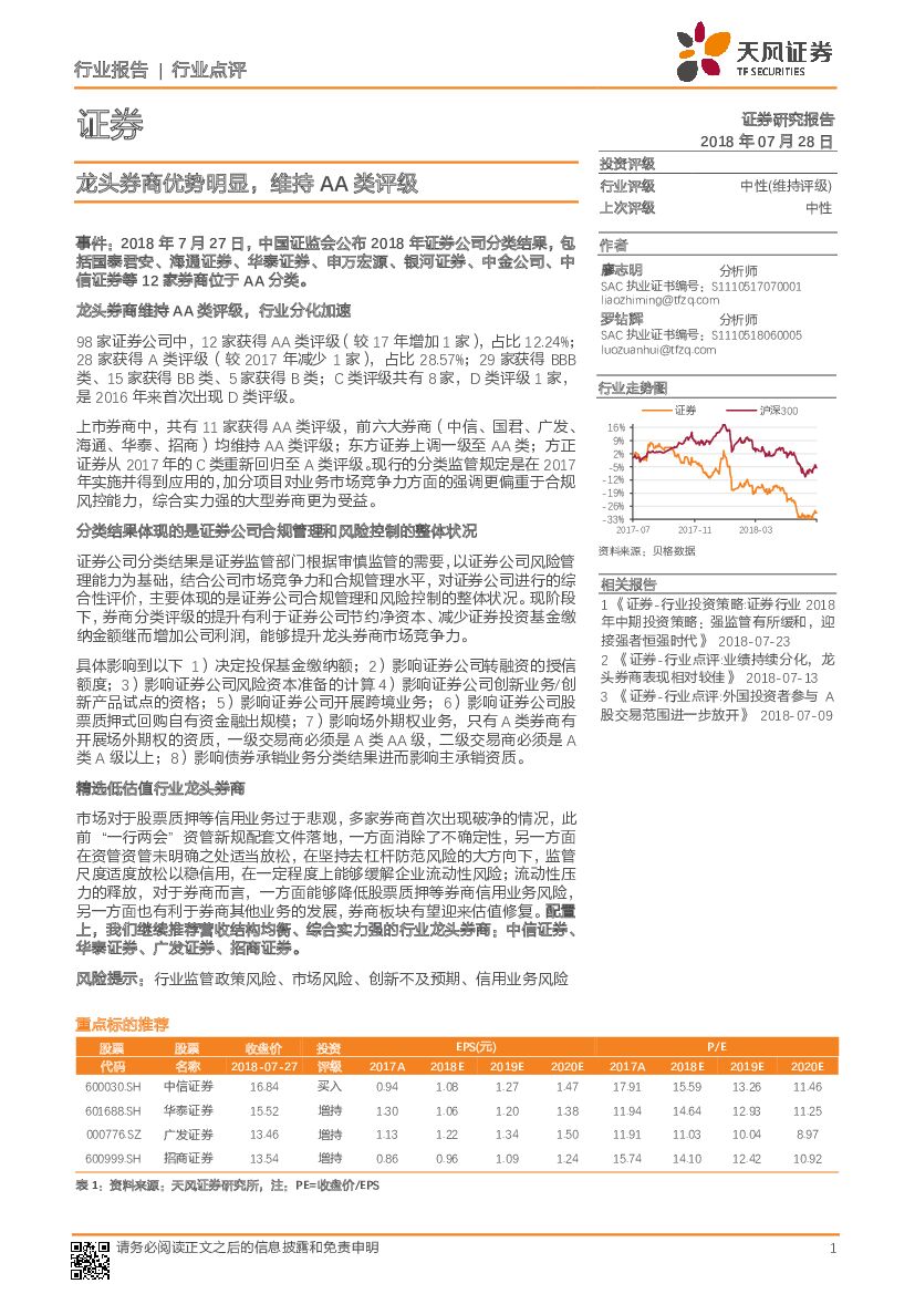 天风证券：证券行业点评：龙头券商优势明显，维持AA类评级