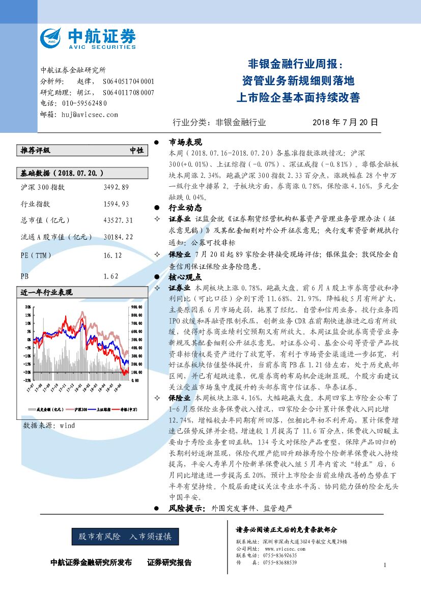 中航证券：非银金融行业周报：资管业务新规细则落地 上市险企基本面持续改善