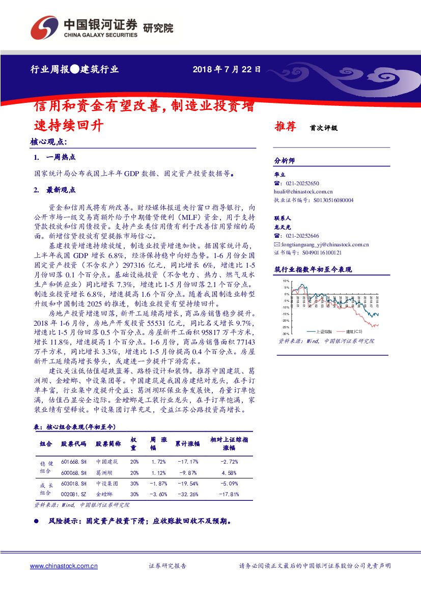 中国银河：建筑行业周报：信用和资金有望改善，制造业投资增速持续回升