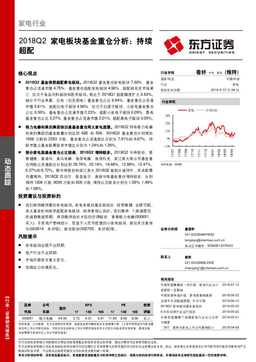 东方证券：2018Q2家电板块基金重仓分析：持续超配