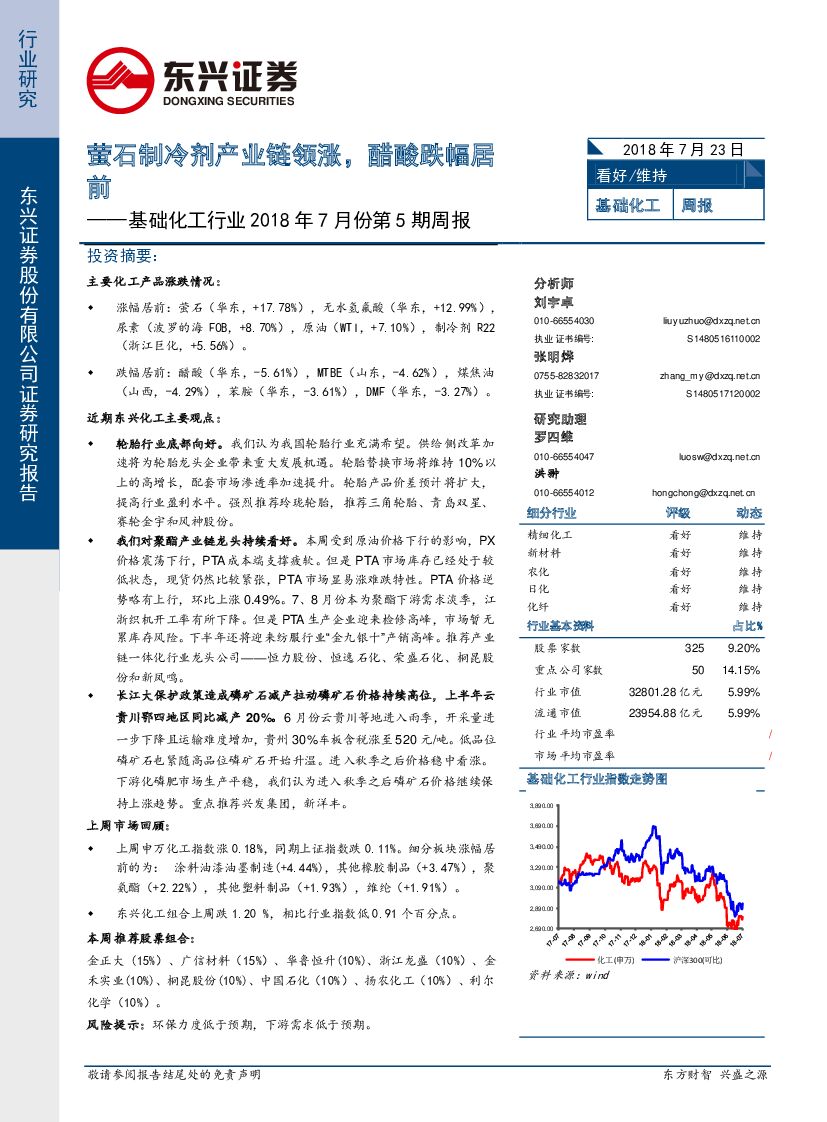 东兴证券：基础化工行业2018年7月份第5期周报：萤石制冷剂产业链领涨，醋酸跌幅居前