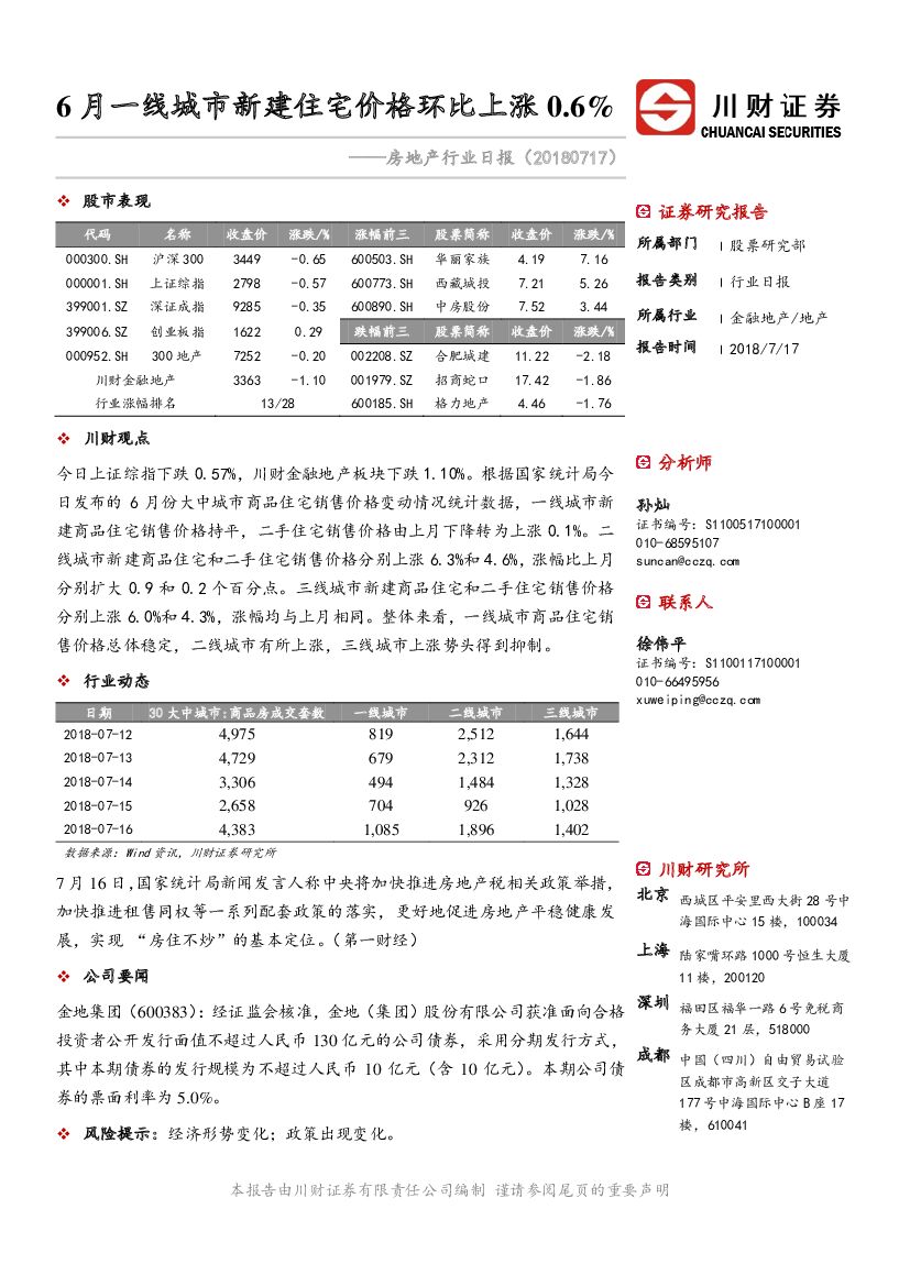 川财证券：房地产行业日报：6月一线城市新建住宅价格环比上涨0.6%