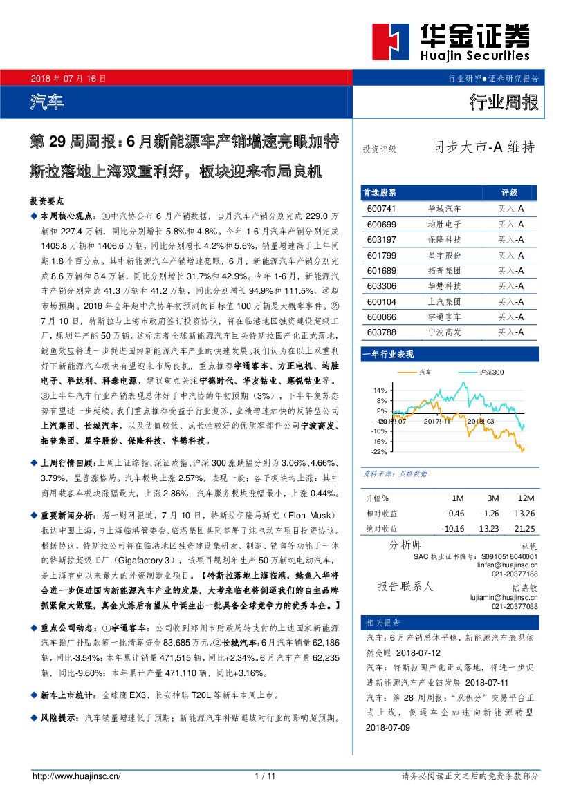 华金证券：汽车第29周周报：6月新能源车产销增速亮眼加特斯拉落地上海双重利好，板块迎来布局良机