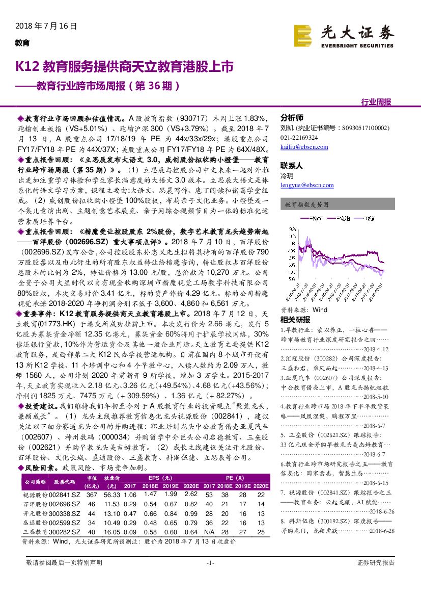 光大证券：教育行业跨市场周报（第36期）：K12教育服务提供商天立教育港股上市
