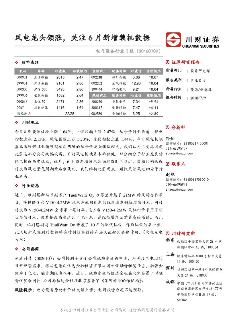 川财证券：电气设备行业日报：风电龙头领涨，关注6月新增装机数据