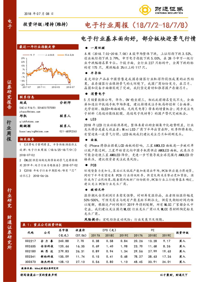 财通证券：电子行业周报：电子行业基本面向好，部分板块迎景气行情
