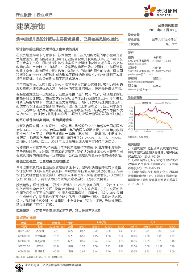 天风证券：建筑装饰行业点评：集中度提升是设计板块主要投资逻辑，已具较高风险收益比