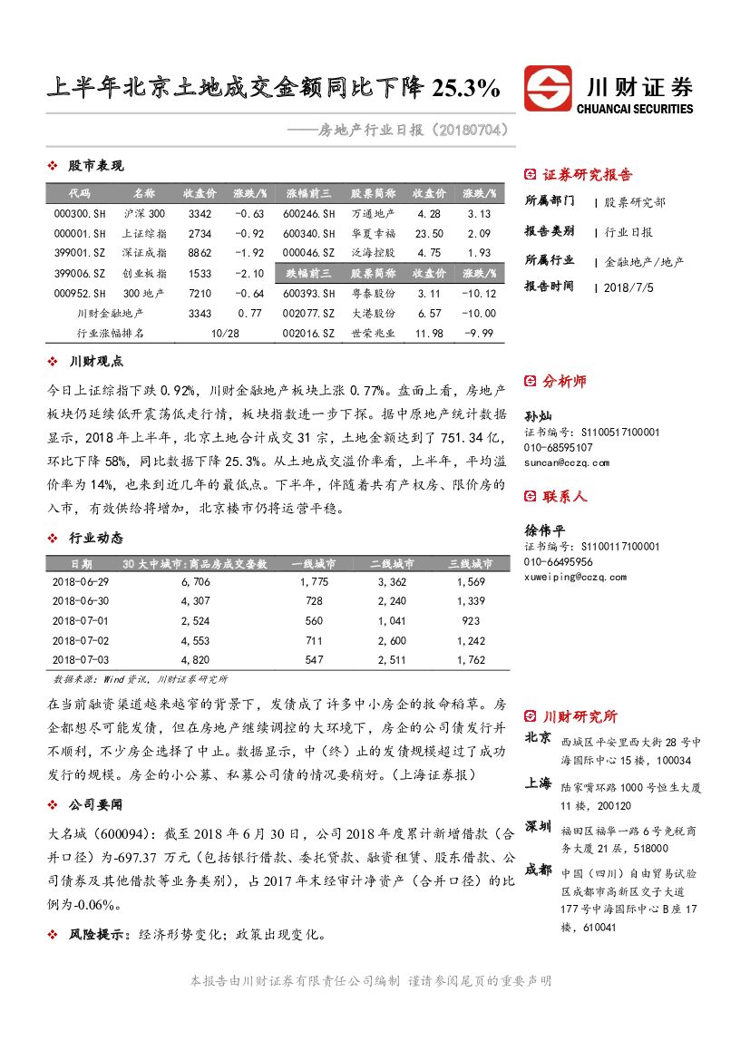 川财证券：房地产行业日报：上半年北京土地成交金额同比下降25.3%