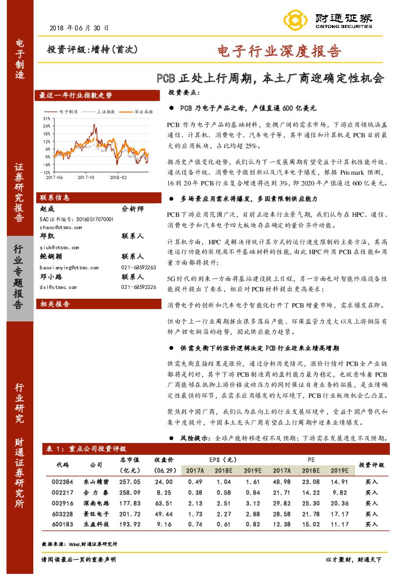 财通证券：电子行业深度报告：PCB正处上行周期，本土厂商迎确定性机会
