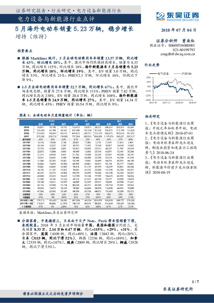 东吴证券：电力设备与新能源行业点评：5月海外电动车销量5.23万辆，稳步增长