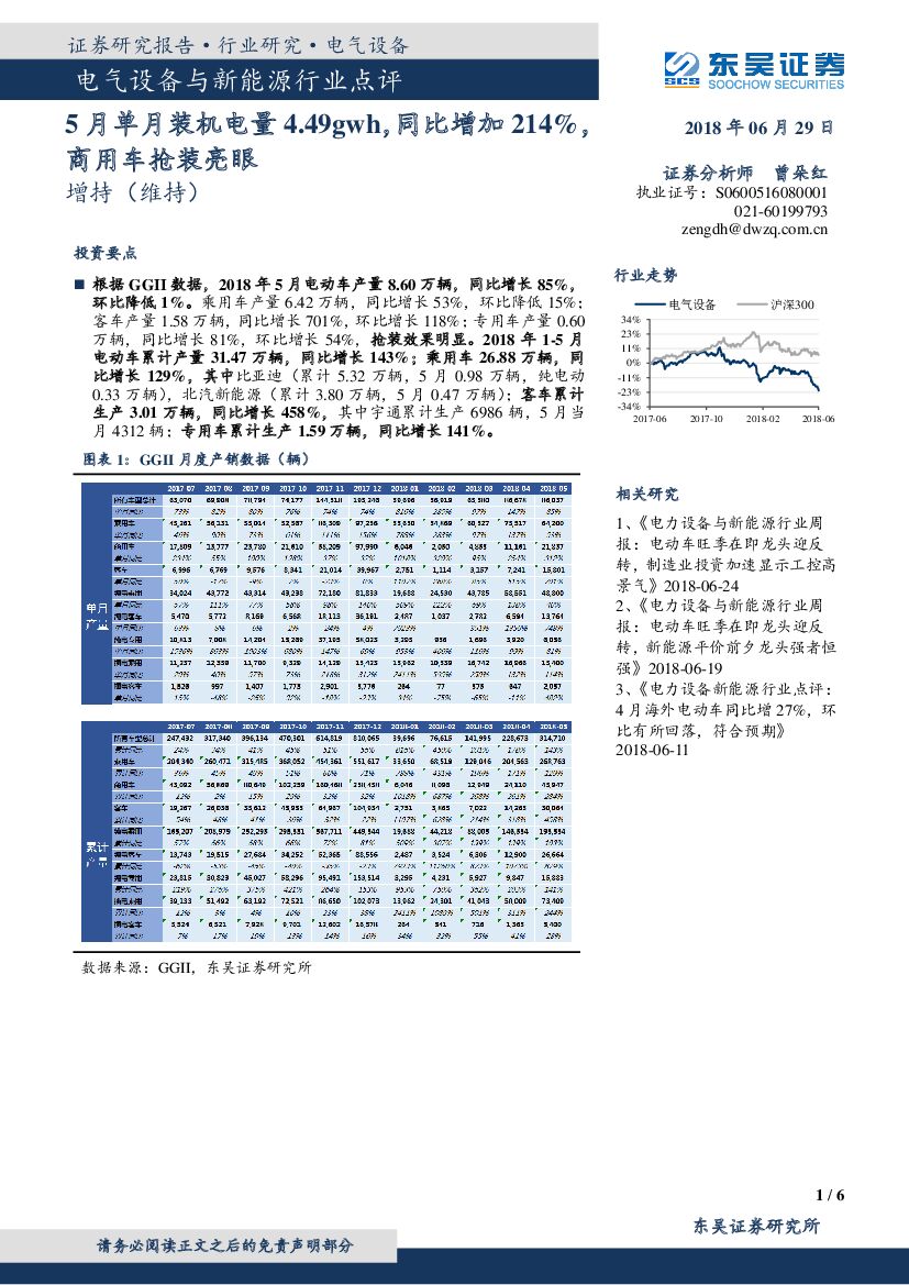 东吴证券：电气设备与新能源行业点评：5月单月装机电量4.49gwh，同比增加214%，商用车抢装亮眼