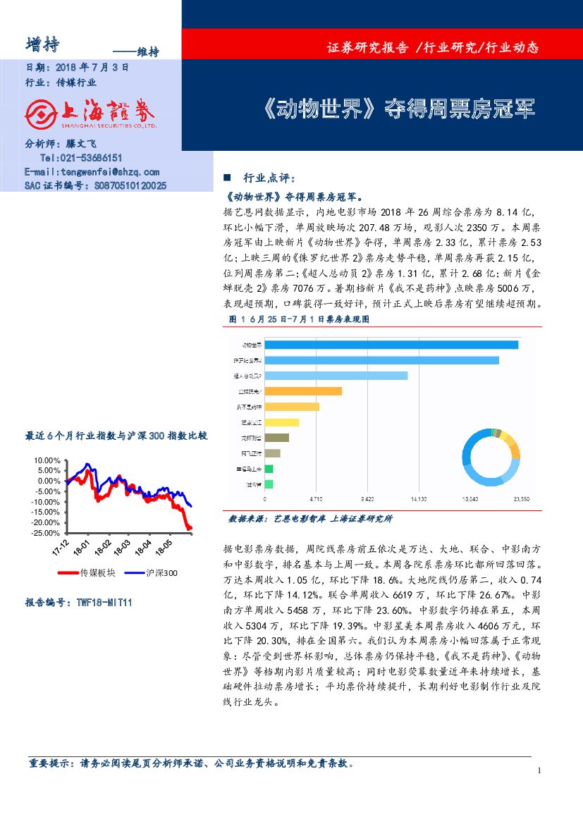 上海证券：传媒：《动物世界》夺得周票房冠军