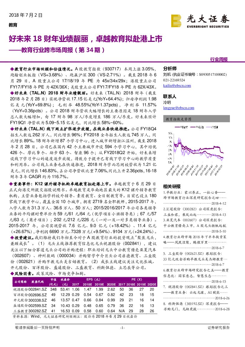 光大证券：教育行业跨市场周报（第34期）：好未来18财年业绩靓丽，卓越教育拟赴港上市