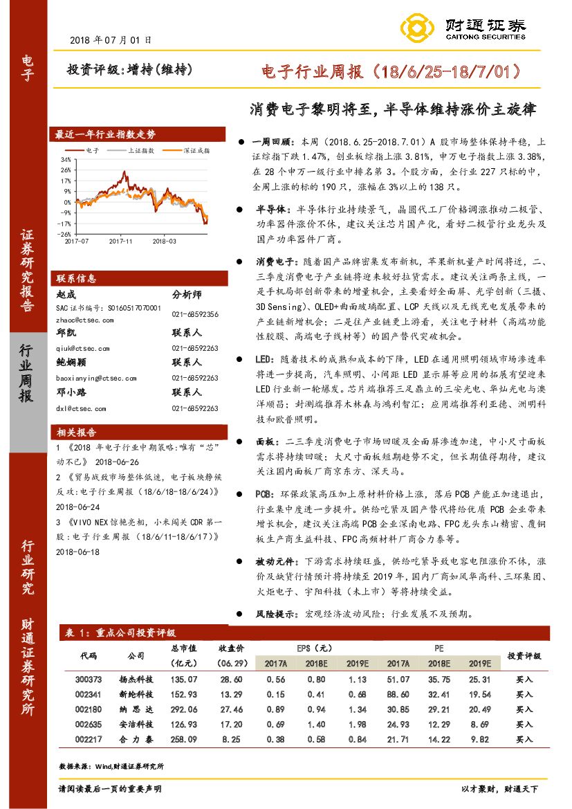 财通证券：电子行业周报：消费电子黎明将至，半导体维持涨价主旋律