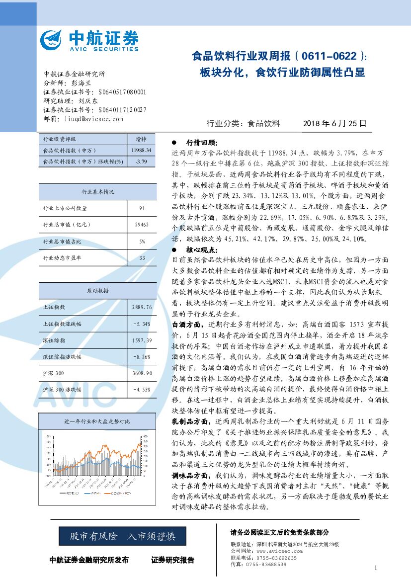 中航证券：食品饮料行业双周报：板块分化，食饮行业防御属性凸显