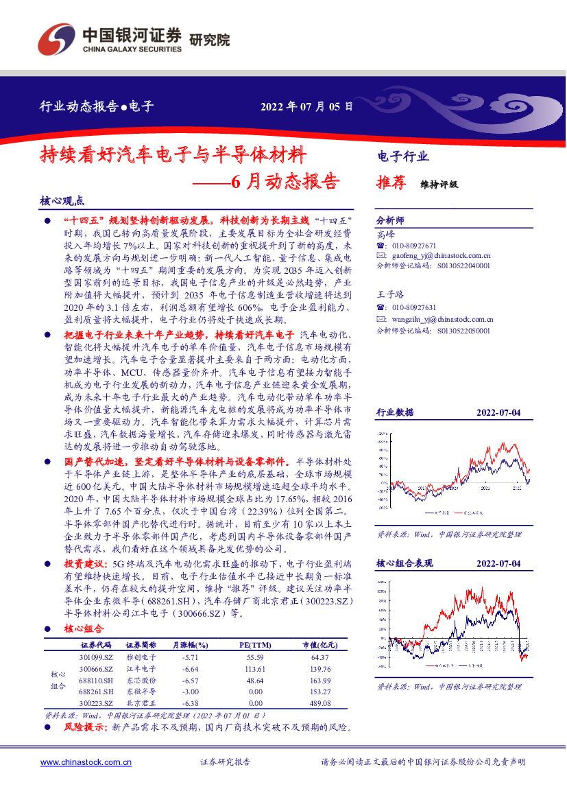 中国银河：电子行业6月动态报告：持续看好汽车电子与半导体材料