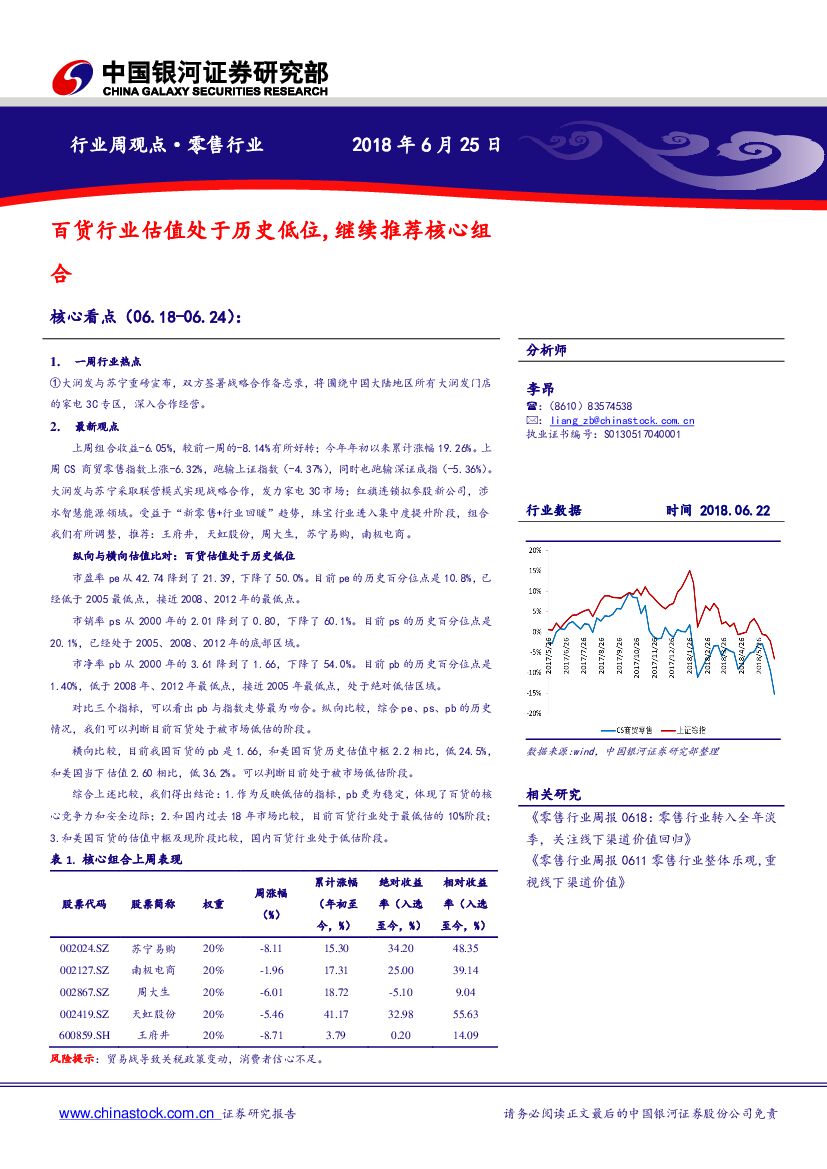 中国银河：零售行业周观点：百货行业估值处于历史低位，继续推荐核心组合