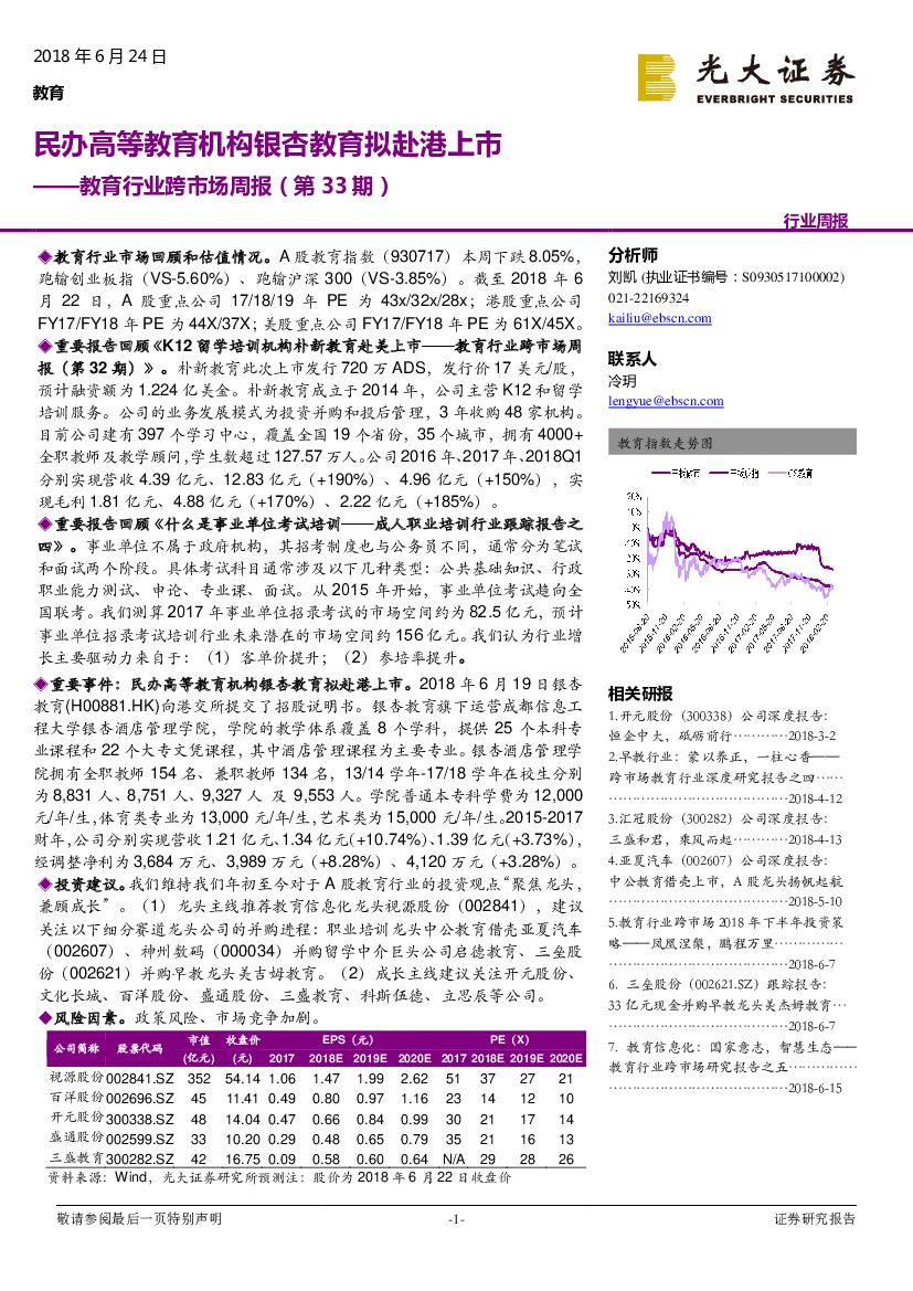 光大证券：教育行业跨市场周报（第33期）：民办高等教育机构银杏教育拟赴港上市