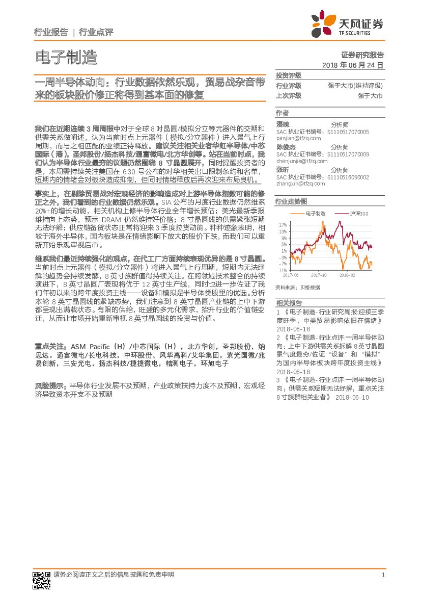 天风证券：一周半导体动向：行业数据依然乐观，贸易战杂音带来的板块股价修正将得到基本面的修复