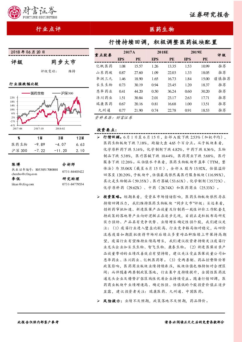 财富证券：医药生物行业点评：行情持续回调，积极调整医药板块配置