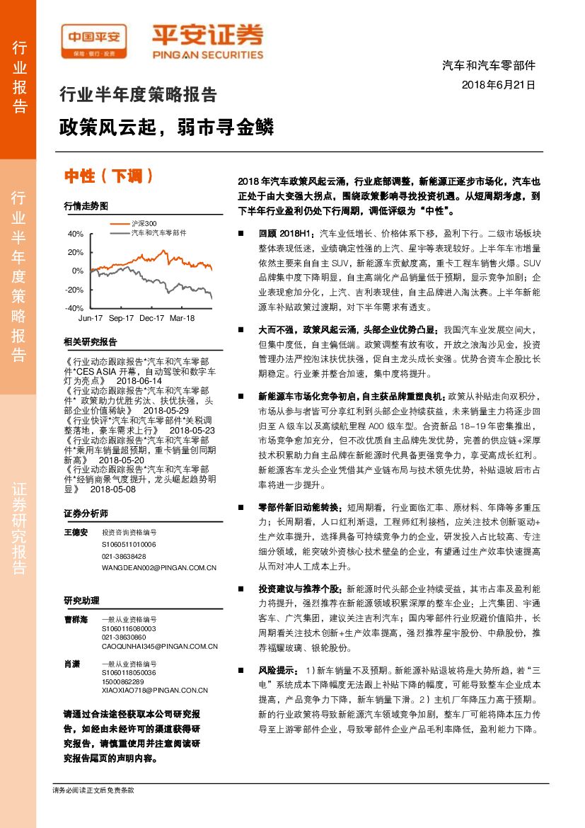 平安证券：汽车和汽车零部件行业半年度策略报告：政策风云起，弱市寻金鳞
