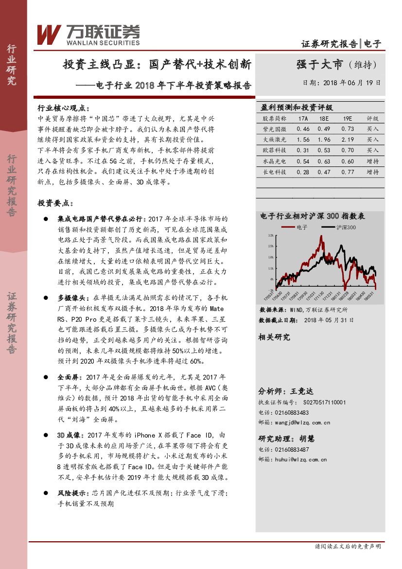 万联证券：电子行业2018年下半年投资策略报告：投资主线凸显：国产替代+技术创新