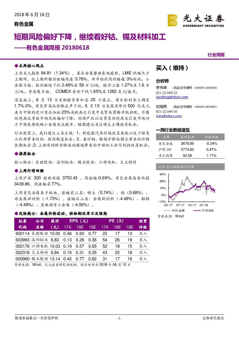 光大证券：有色金属周报：短期风险偏好下降，继续看好钴、锡及材料加工
