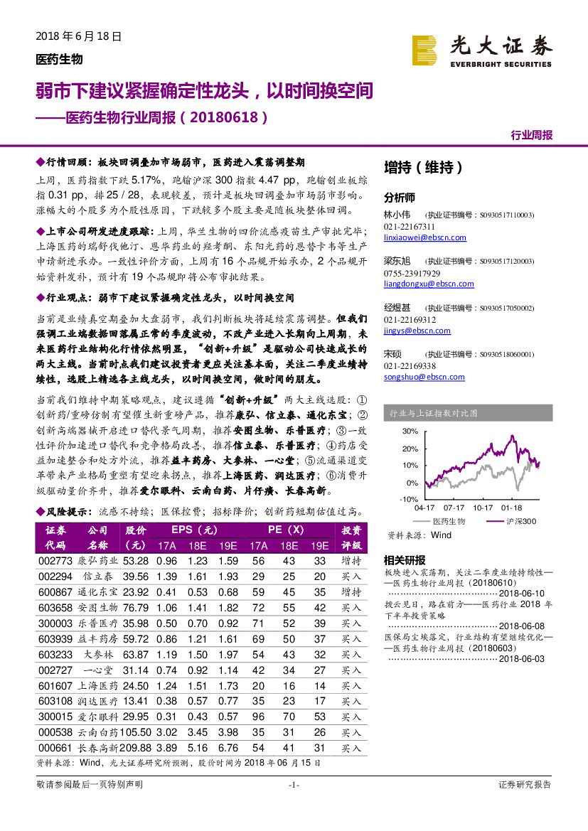 光大证券：医药生物行业周报：弱市下建议紧握确定性龙头，以时间换空间