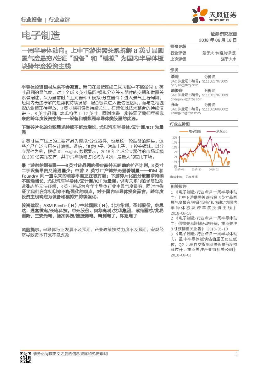 天风证券：电子制造行业点评：一周半导体动向：上中下游供需关系拆解8英寸晶圆景气度最夯/佐证“设备”和“模拟”为国内半导体板块跨年度投资主线