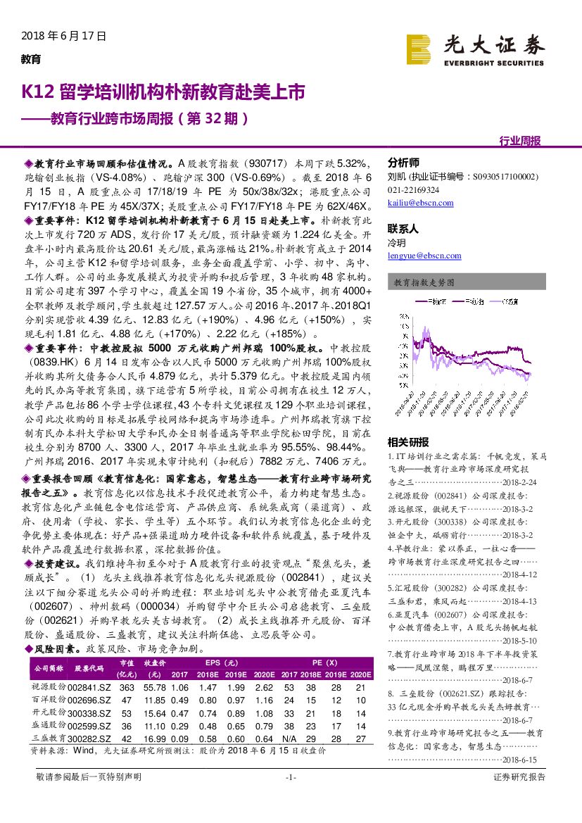 光大证券：教育行业跨市场周报（第32期）：K12留学培训机构朴新教育赴美上市