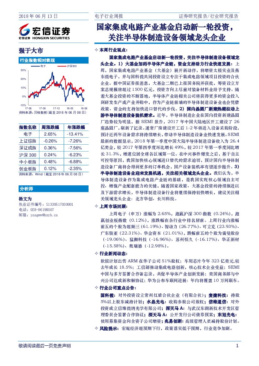 宏信证券：电子行业周报：国家集成电路产业基金启动新一轮投资，关注半导体制造设备领域龙头企业