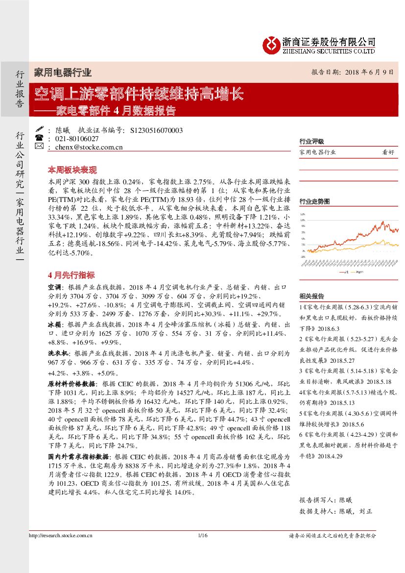 浙商证券：家电零部件4月份数据报告：空调上游零部件持续维持高增长