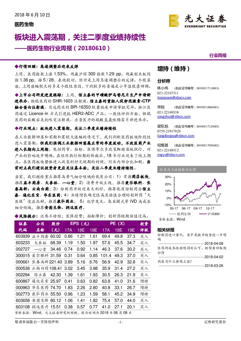 光大证券：医药生物行业周报：板块进入震荡期，关注二季度业绩持续性