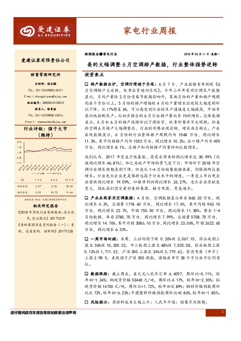 爱建证券：家电行业周报：美的大幅调整6月空调排产数据，行业整体强势逆转