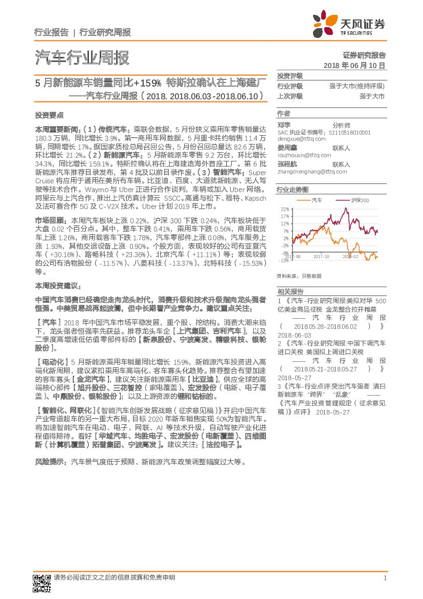 天风证券：汽车行业周报：5月新能源车销量同比+159% 特斯拉确认在上海建厂