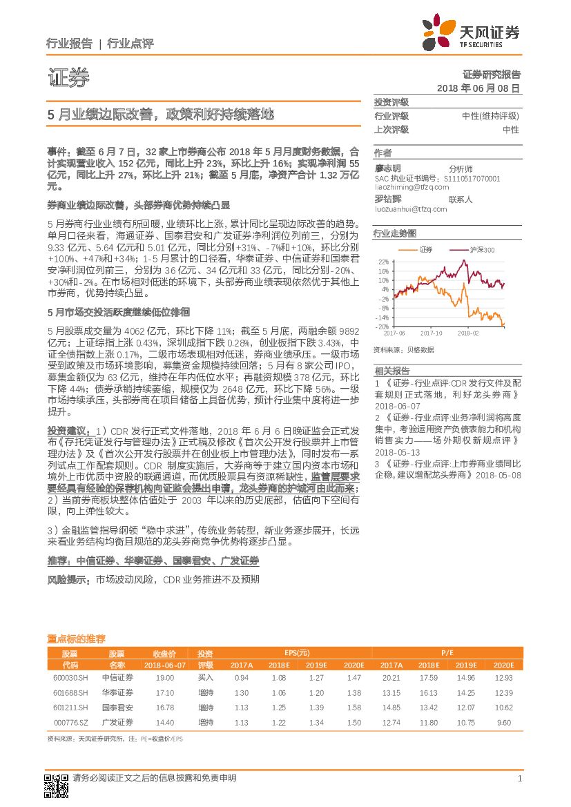 天风证券：证券行业点评：5月业绩边际改善，政策利好持续落地