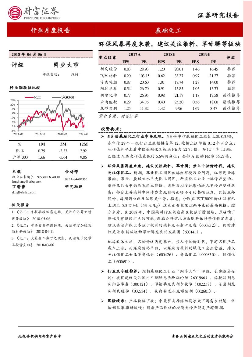 财富证券：基础化工行业月度报告：环保风暴再度来袭，建议关注染料、草甘膦等板块