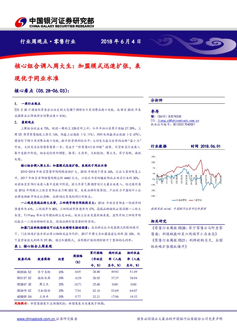 中国银河：零售行业周观点：核心组合调入周大生：加盟模式迅速扩张，表现优于同业水准