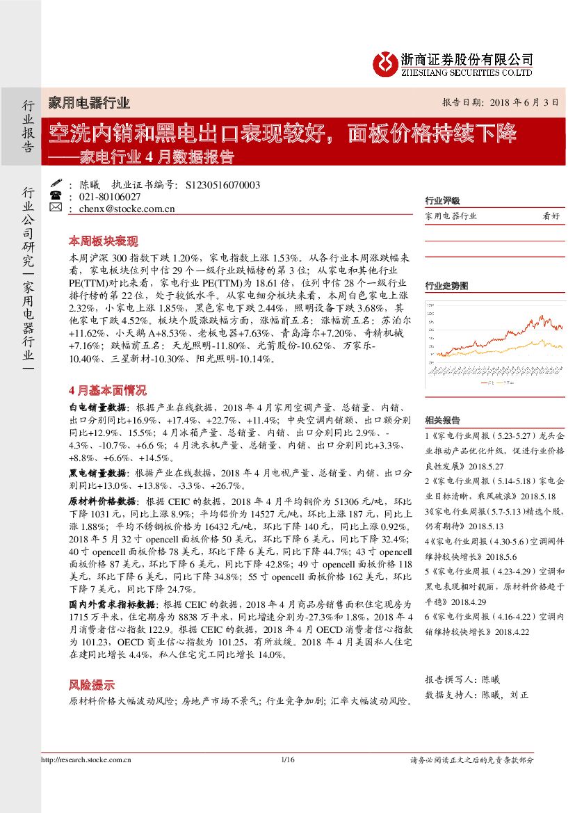 浙商证券：家电行业4月数据报告：空洗内销和黑电出口表现较好，面板价格持续下降