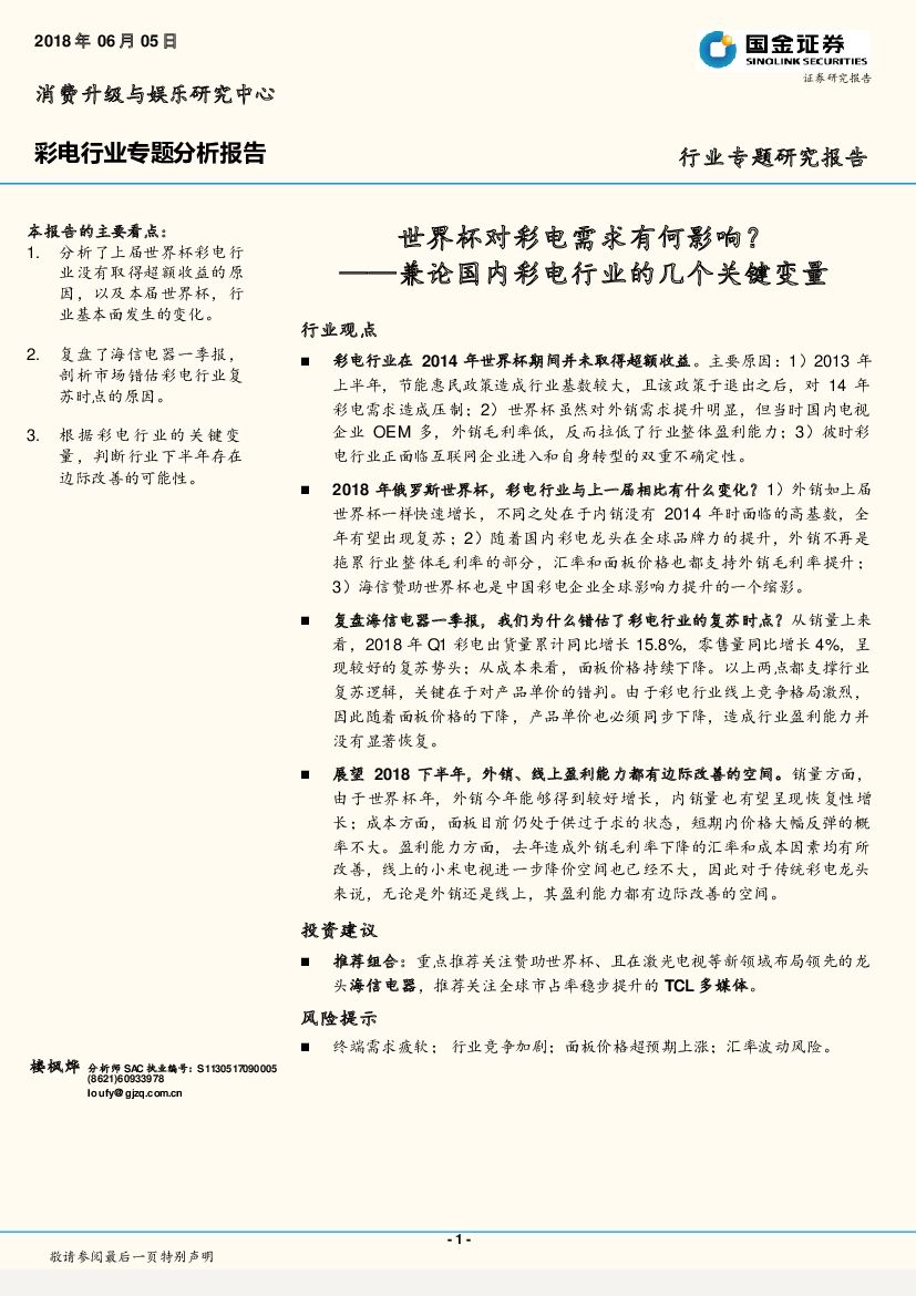 国金证券：彩电行业专题分析报告：兼论国内彩电行业的几个关键变量：世界杯对彩电需求有何影响？