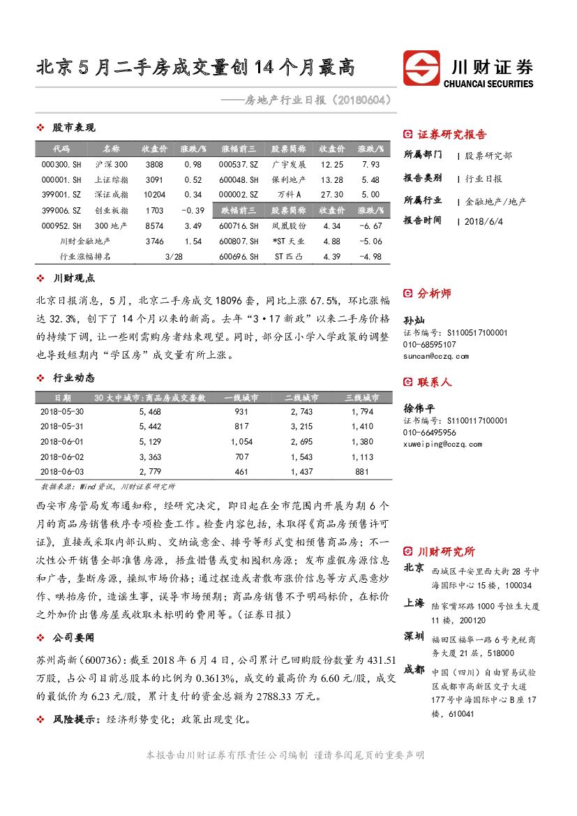 川财证券：房地产行业日报：北京5月二手房成交量创14个月最高