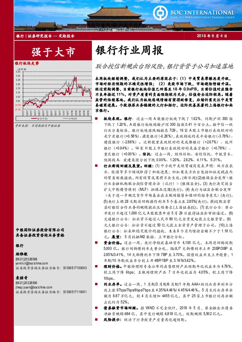 中银国际：银行行业周报：联合授信新规出台防风险，银行资管子公司加速落地