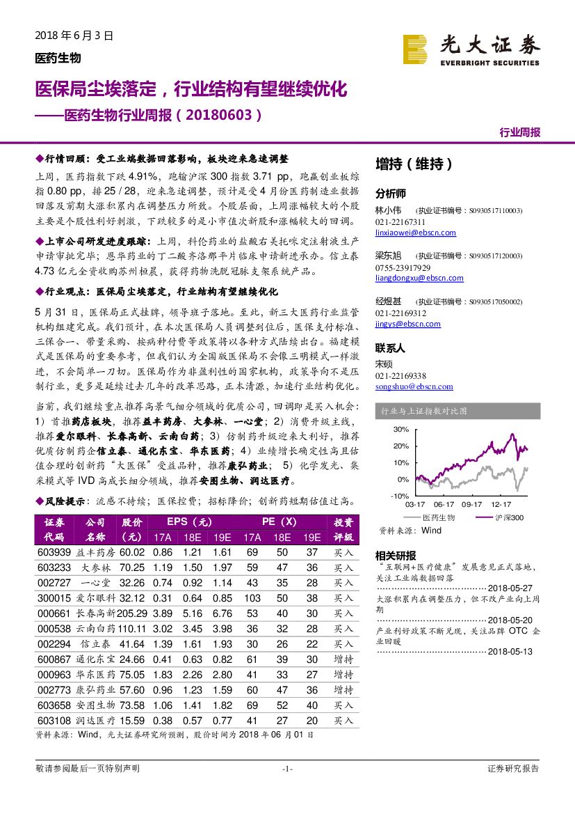 光大证券：医药生物行业周报：医保局尘埃落定，行业结构有望继续优化
